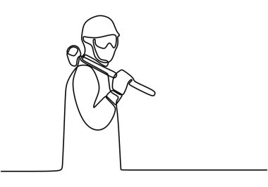 Omuzlarında büyük bir çekiç taşıyan genç inşaat işçisinin tek çizgisi. Güvenlik işi için kask takan tamirci. İnşa araçları yapıcı kavramı sürekli çizgi çizimi tasarımı.