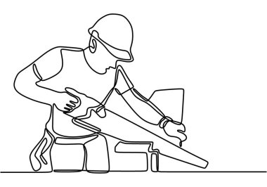 Genç yakışıklı işçinin sürekli çizdiği tahta kesme çizgisi. Profesyonel marangoz tahta kesiyor. İnşaat hizmeti konsepti ilk çizgi tasarım illüstrasyonu