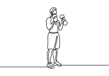 Spor salonu vektör illüstrasyonunda halterle çalışan enerjik genç bir adamın tek çizgi çizimi. Vücut geliştirme pratiği. Spor sporu ve sağlıklı yaşam tarzı konsepti.