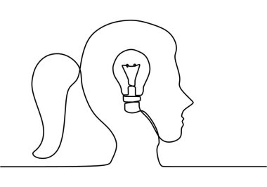 Bir çizgi sürekli olarak ampullü bir kadını çekiyor. Elektrik ampulü sembolü fikri. Kişinin kafasının içindeki düşünceler. Beyaz arkaplanda modaya uygun düz vektör.