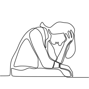 Sürekli depresyondaki adamın çizimleri. Üzgün, yaşlı bir erkek, baş ağrısı ile beyaz arka planda alnına dokunuyor. Çaresiz ve kafası karışmış bir adam. Vektör illüstrasyon tasarımı