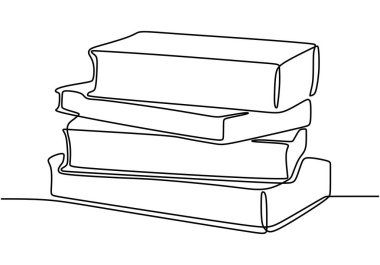 Bir sıra kitap yığını. Kitap yığını masanın üstünde. Düzenli kitaplar dizilmiş. Kitabı okurken iyi çalışmalar. Tek el çizilmiş sürekli kontür sanat, vektör illüstrasyon minimalist tasarım.
