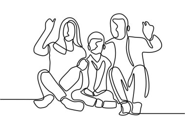 Sürekli bir aile çizgisi. Anne ve babanın mutlu aileleri çocuklarla dans ediyor. Vektör illüstrasyonu.