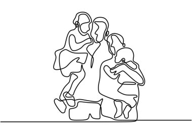 Sürekli bir aile çizgisi. Anne ve babanın mutlu aileleri çocuklarla dans ediyor. Vektör illüstrasyonu.