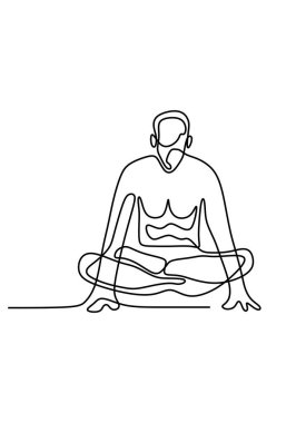 Genç adam fitness yoga konsepti vektör sağlık illüstrasyonunun kesintisiz çizimi. Yoga pozu bacak bacak üstüne atarak yüzüyordu. Elleri dinlensin. El gücü ve karın kası eğitimi...