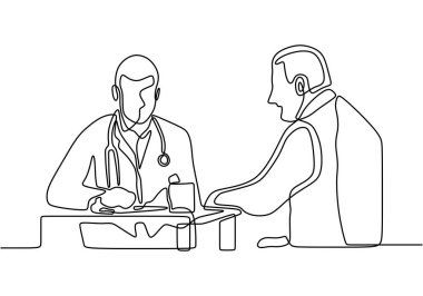 Teşhisi tartışan iki doktorun kesintisiz çizimleri. Hastane sahnesi. Doktorlar ortağıyla konuşuyor. Bir şeyi kağıtla açıklıyorlar. Tıbbi ekip. Hastane sağlık konsepti.