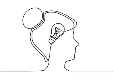 Bir çizgi sürekli olarak ampullü bir kadını çekiyor. Elektrik ampulü sembolü fikri. Kişinin kafasının içindeki düşünceler. Beyaz arkaplanda modaya uygun düz vektör.