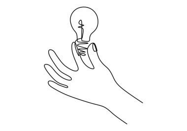 Sürekli bir çizgi halinde ampul sembolü fikri ve yaratıcılığı çiziyor. Ampulü tutan bir fikir. El resmi silueti ile boyanmış. El çizimi vektör illüstrasyonu.