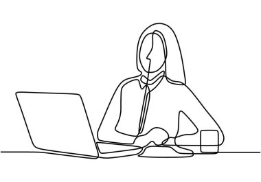 Ofis çalışanının dizüstü bilgisayarla çalışırken sürekli çizdiği çizimler. Bilgisayarla internete bağlanan serbest çalışan bir kadın. Dizüstü bilgisayarda çalışan güzel bir genç kız. Vektör illüstrasyonu