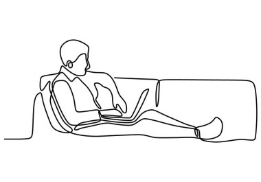 Dizüstü bilgisayara odaklanırken genç iş adamının koltuğunda oturduğu tek sıra çizimi. Genç erkek, evde dizüstü bilgisayarla çalışıyor. Ev konseptinde kalın. Bir satır tasarım illüstrasyonu