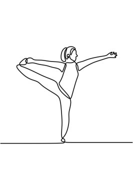 Devamlı çizgi sanatı ya da yoga pozu veren bir kadının çizimi. Tek ayak üstünde durmak. Ağaç yogası. Bacağını kaldırıyor ve sağlıklı bir yaşam için vücudunu esnetiyor. El çizimi vektör illüstrasyonu