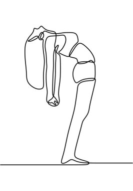 Devamlı çizgi sanatı ya da kollarını uzatan bir kadının çizimi resim vektör illüstrasyonunu rahatlatır. Yoga pozu veren mutlu yoga kızı. Yoga kadın egzersiz konsepti.