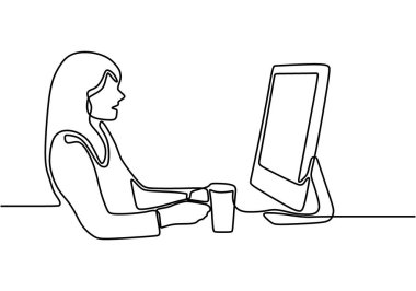 Bilgisayar işi yapan profesyonel bir iş kadınının sürekli çizimi. Dizüstü bilgisayarda çalışan profesyonel genç yönetici kız. Beyaz arka planda izole edilmiş. Vektör illüstrasyonu.