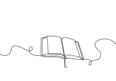Bir satır çizimi, açık kitap. Kitap masada ve okumaya hazır. Eğitim, eğitim ve bilgi kavramı. Vektör nesne çizimi, minimalizm el çizimi tasarımı.