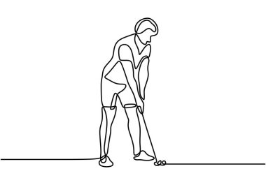 Genç mutlu golfçünün aralıksız çizdiği tek çizgi topa vurmak için golf sopasını sallıyor. Bir adam topa sopa sallıyor. Hobi spor konsepti. Bir satır çizimi tasarım vektörü illüstrasyonu