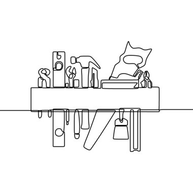 Sürekli bir çizgi çizme aracı. Beyaz arkaplana çizilmiş bir el resmi. Tamirci ve tamirci aletleri seti. Basit bir çizim oluşturma araçları