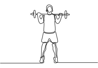 Güçlü bir atletik adamın ağırlık kaldırması ve vücut geliştirme eğitiminin bir çizgi çizimi ya da sürekli çizimi. Spor salonu klüp merkezinde halter kaldırma eğitimi alan genç bir sporcu..