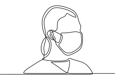 Hastalığı, gribi, hava kirliliğini, kirli havayı, dünya kirliliğini önlemek için maske takan bir kadın. Koronavirüsten korunma, COVID-19. COVID-19 'a karşı. Vektör illüstrasyonu.