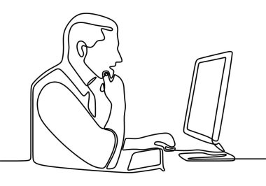 Genç iş adamının sürekli çizdiği tek çizgi bilgisayara odaklanıyor ve şirketi büyütmek için iş stratejisi düşünüyor. Müdür ofisinde masasında oturuyordu. İş fikri kavramı.