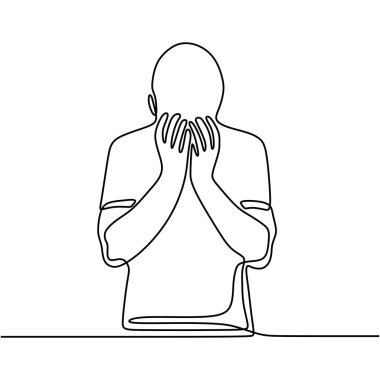 Yorgun ve üzgün genç adamın sürekli çizdiği çizgiler yüzünü elleriyle kapatıyor. Depresyon geçiren bir erkek. Yerde oturan umutsuz bir adam. Hüsran ve depresyon insanı kavramı.