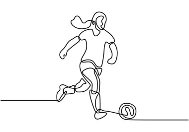 Devamlı çizilen bir kadın futbolcu çizgisi. Topa vuran kadın karakteri. Uzun saçlı, futbol antrenmanı yapan mutlu bir genç kız. Sağlıklı spor anlayışı. Vektör illüstrasyonu