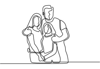 Mutlu aile, sürekli çizim, tek elle çizilmiş baba, anne ve çocuklar. Aile zamanındaki özen ve birlikteliğin portresi. Uluslararası Aileler Günü için iyi bir bayrak kutlaması.