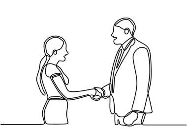 İş adamının kadın iş ortağıyla tokalaşırken tek sıra çizimi. Ortağıyla anlaşma yapmak için gülümseyen iki iş adamı el sıkışıyor. Tasarımınız için şablon.