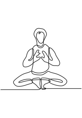 Yoga yapan bir gencin sürekli çizdiği bir çizgi. Lotus pozu pratiği yapıyor. Avuç içleri katlanmış, ayak parmaklarının üzerinde oturuyorlar. Vektör illüstrasyon minimalizm meditasyon ve konsantrasyon kavramı..