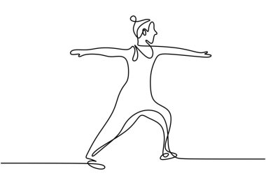 Yoga egzersizi vektör illüstrasyon minimalizmi yapan insanların çizdiği bir çizgi. Meditasyon için yoga yapan mutlu insanlar. Vektör illüstrasyon minimalizm spor tema tasarımı.