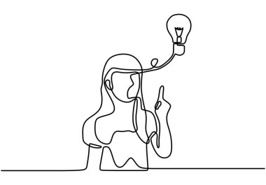 Aralıksız bir çizgi çizerek bir ampulü işaret ediyor. Genç kız düşünüyor ve çözüm buluyor. Fikir ve yaratıcılık sembolü, lamba ve el ile. Lambadaki karakterli kız enerji olarak.