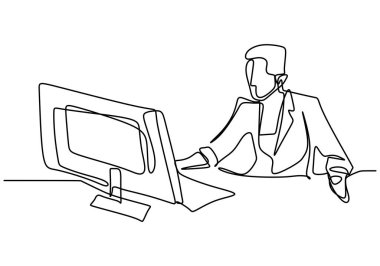 Ofis çalışanının sürekli çizimi bilgisayarın arkasında yoğunlaşmıştı. Profesyonel iş arkadaşları bilgisayar ekranı önünde odaklanır. Dizüstü bilgisayarla çalışan iş adamları. Vektör illüstrasyonu.