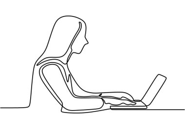 Ofis çalışanının dizüstü bilgisayarla çalışırken sürekli çizdiği çizimler. Bilgisayarla internete bağlanan serbest çalışan bir kadın. Dizüstü bilgisayarda çalışan güzel bir genç kız. Vektör illüstrasyonu