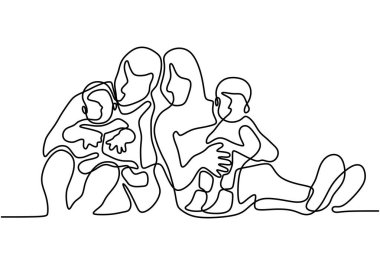 Mutlu aile, sürekli çizim, tek elle çizilmiş baba, anne ve çocuklar. Aile zamanındaki özen ve birlikteliğin portresi. Uluslararası Aileler Günü için iyi bir bayrak kutlaması.