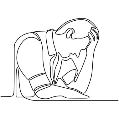 Sürekli depresyondaki adamın çizimleri. Üzgün, yaşlı bir erkek, baş ağrısı ile beyaz arka planda alnına dokunuyor. Çaresiz ve kafası karışmış bir adam. Vektör illüstrasyon tasarımı