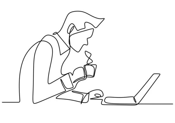 オフィスワーカーの連続線画はコンピュータの後ろに集中した 労働者はコーヒーを飲みながらコンピュータの画面の前に集中する ビジネスマンはノートパソコンで働いている ベクターイラスト — ストックベクタ