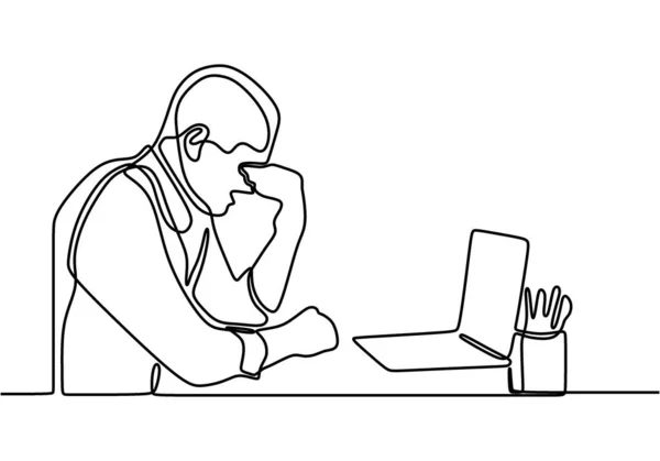 Desenho Linha Contínuo Homem Com Computador Portátil Sente Frustrado Exprimindo — Vetor de Stock