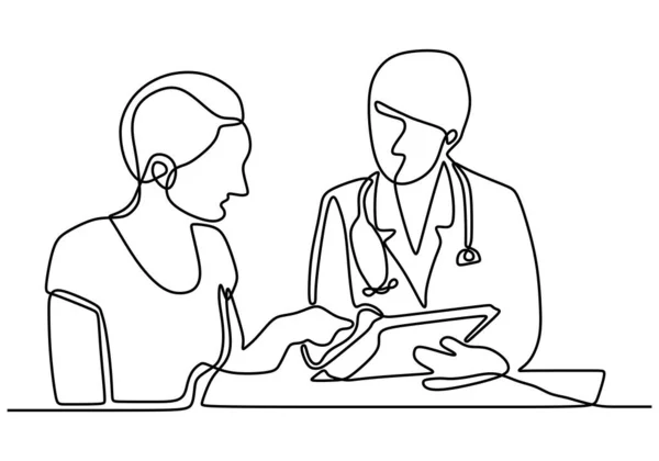 Desen Continuu Liniei Medicului Consultă Pacientul Pictat Silueta Mână Medicul — Vector de stoc