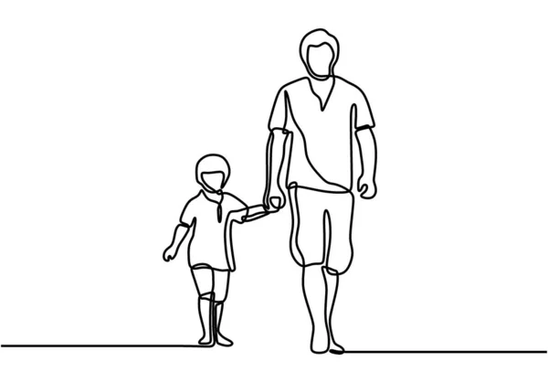One Line Drawing Father His Son Walking Minimalist Design Happy — Stock Vector