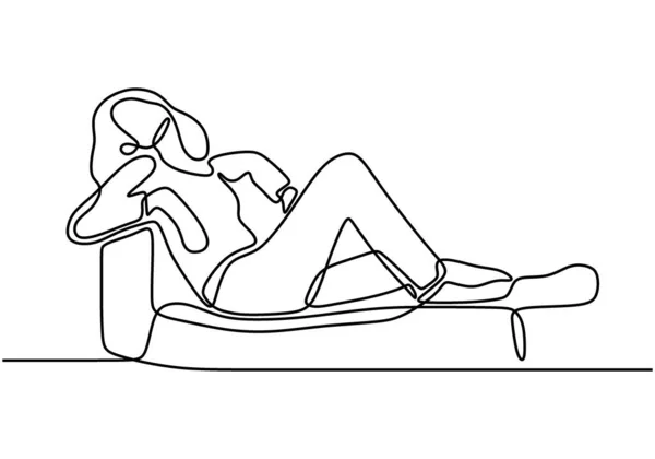 Continuous Line Drawing Beautiful Woman Female Laying Sofa Girl Long — Stock Vector