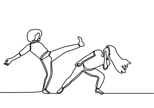 跆拳道和空手道训练的一线图或连续线图 两名年轻的运动男子和女子练习空手道打斗技术 健康战斗体育概念 — 图库矢量图片