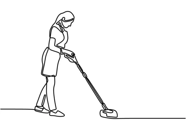 Continu Simple Dessiné Une Ligne Femme Faisant Nettoyage Jeune Femme — Image vectorielle