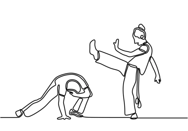 Dessin Ligne Dessin Ligne Continue Entraînement Taekwondo Karaté Deux Jeunes — Image vectorielle