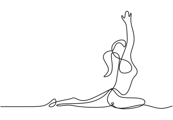 做瑜伽姿势的女人年轻的瑜伽女孩坐着摆姿势和伸展身体 职业瑜伽练习 连续线艺术 健康概念 矢量说明 — 图库矢量图片