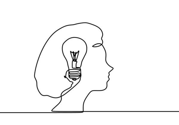 連続1行の電球記号のアイデアを描画します 人の頭の中で考えなさい アイデアの出現の概念 白を基調としたベクトルイラスト分離デザイン — ストックベクタ
