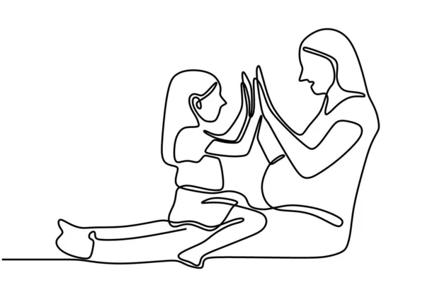 Одна Непрерывная Нарисованная Линия Мама Играющая Дай Пять Своей Дочери — стоковый вектор
