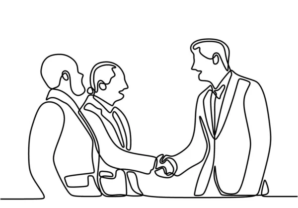 Continuous Line Drawing Young Businessman Handshake His Partner Business Partners — Stock Vector