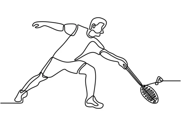 年轻敏捷羽毛球运动员的一线图或连续线图被对手击中 精力充沛的羽毛球选手训练到比赛 体育培训概念 矢量说明 — 图库矢量图片