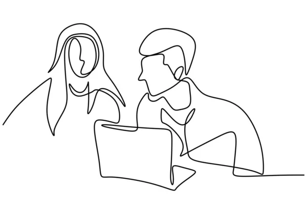 Continuous Line Drawing Two Coworkers Discussing Work Screen Young Man — Stock Vector