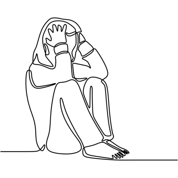 一个疲惫不堪的年轻女子用手捂住他的脸 不停地画线条 患抑郁症的女性 绝望的女孩坐在地上 沮丧和抑郁人的概念 — 图库矢量图片