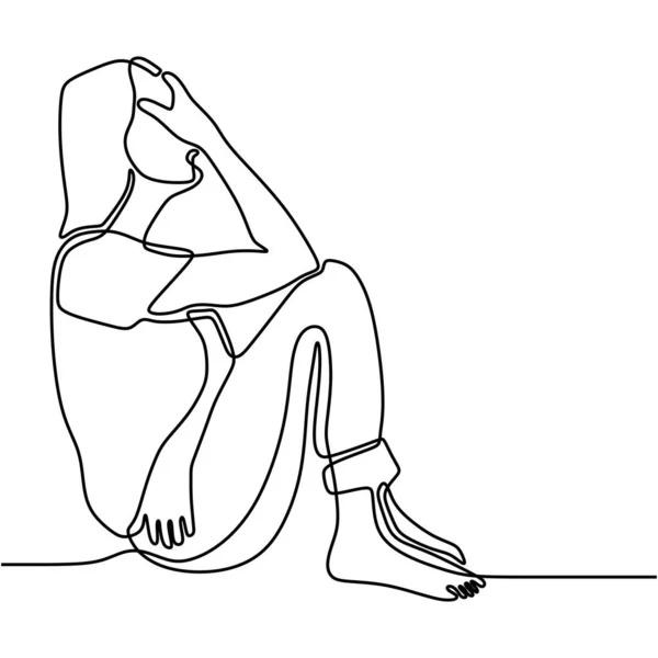 Desenho Linha Contínua Mulher Jovem Triste Exausta Cobrindo Seu Rosto — Vetor de Stock